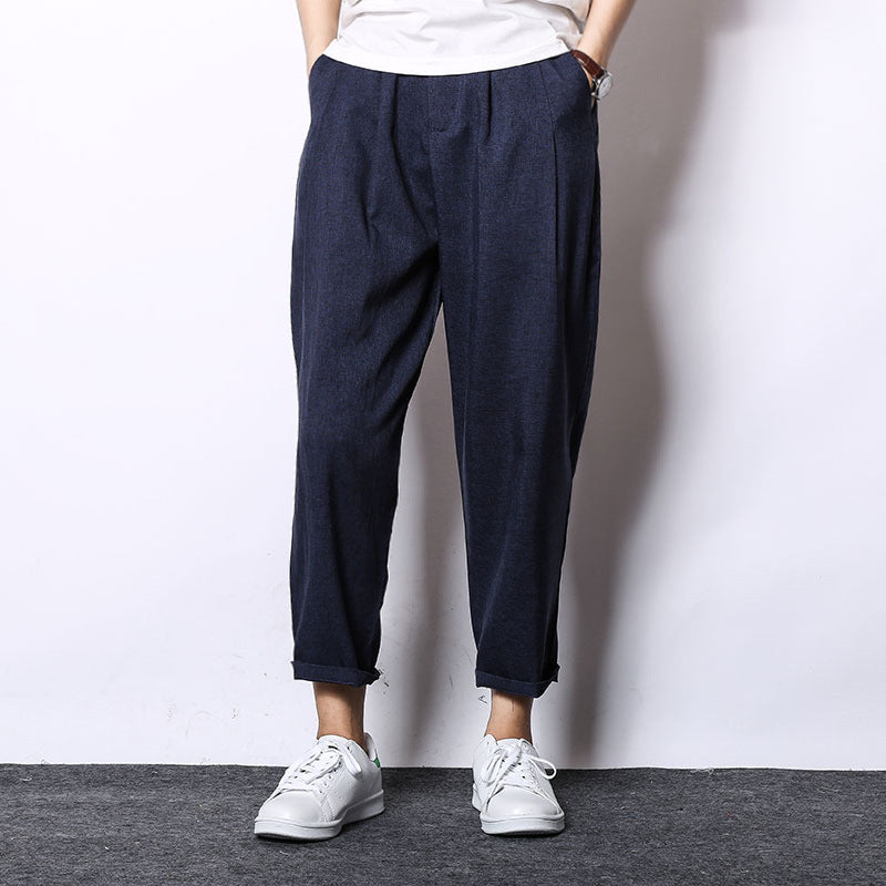 Vintage Wide-Leg Cotton Linen Cropped Trousers