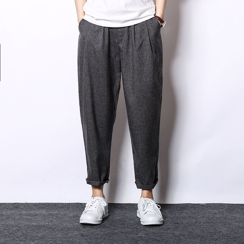 Vintage Wide-Leg Cotton Linen Cropped Trousers