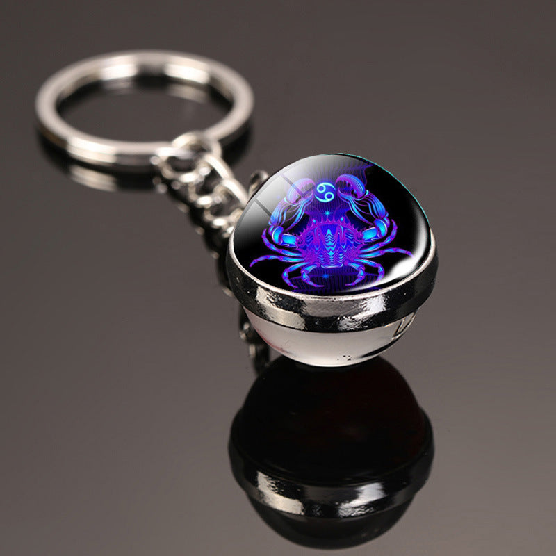 Vintage 12 Constellation Key Ring Time Stone Double-Sided Glass Ball Metal Keychain