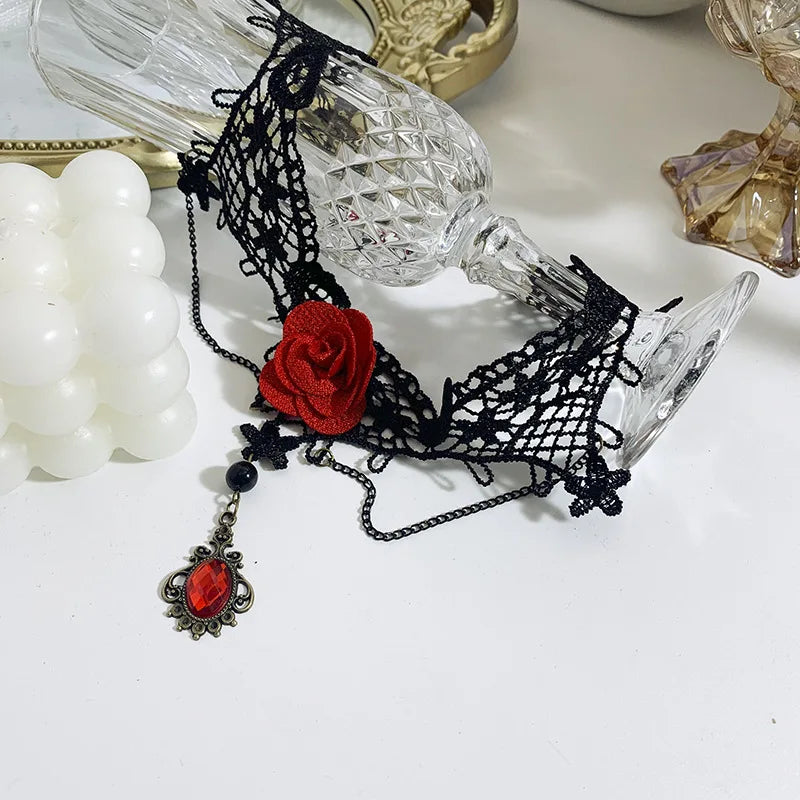 Vintage Gothic Black Beaded Flowers Sexy Lace Neck Choker Necklace