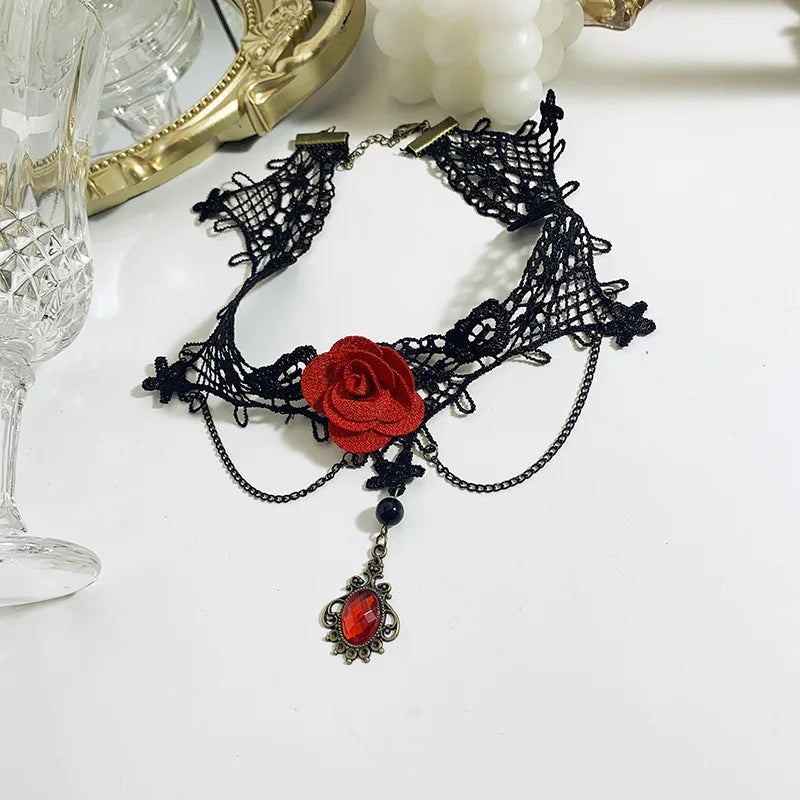 Vintage Gothic Black Beaded Flowers Sexy Lace Neck Choker Necklace