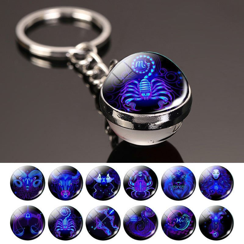 Vintage 12 Constellation Key Ring Time Stone Double-Sided Glass Ball Metal Keychain