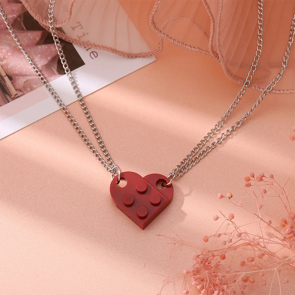 Vintage 2Pcs Heart Brick Couples Love Necklace