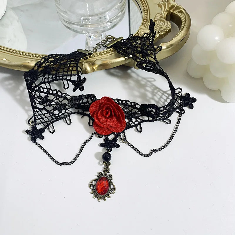 Vintage Gothic Black Beaded Flowers Sexy Lace Neck Choker Necklace