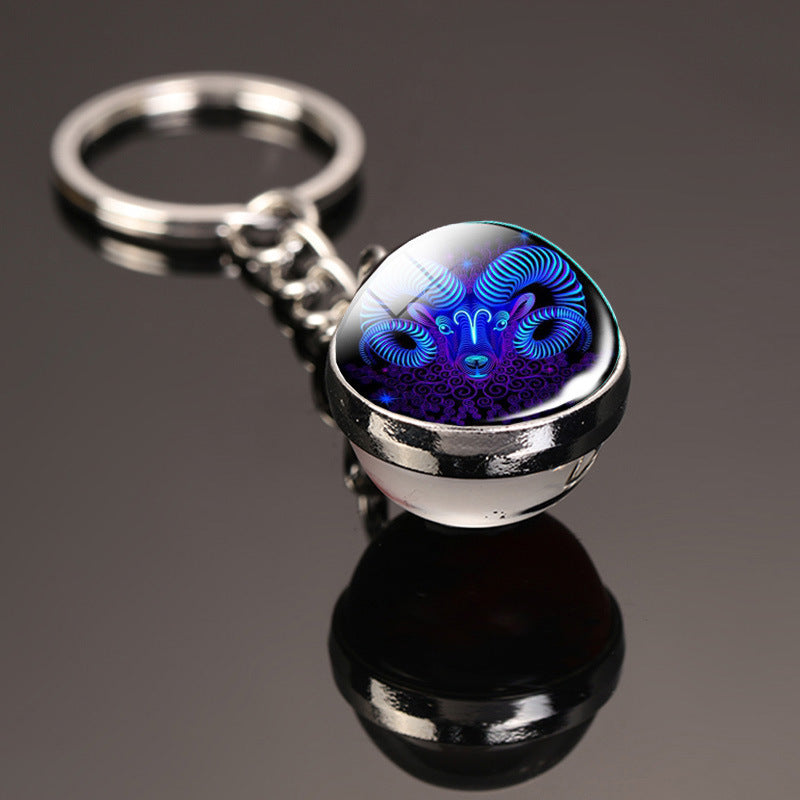 Vintage 12 Constellation Key Ring Time Stone Double-Sided Glass Ball Metal Keychain