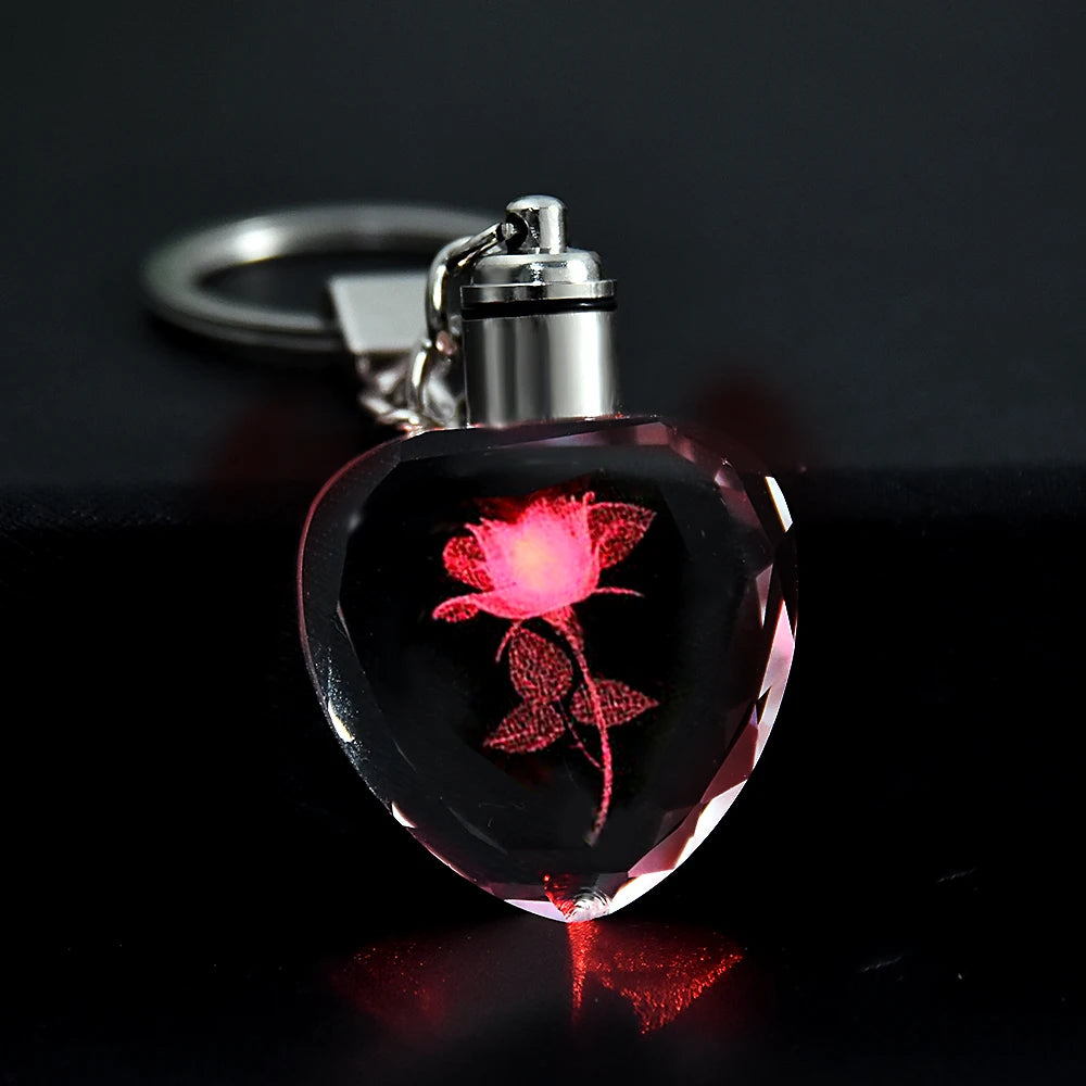 Vintage Fairy Rose Flower Love Shape Crystal LED Light Keychain