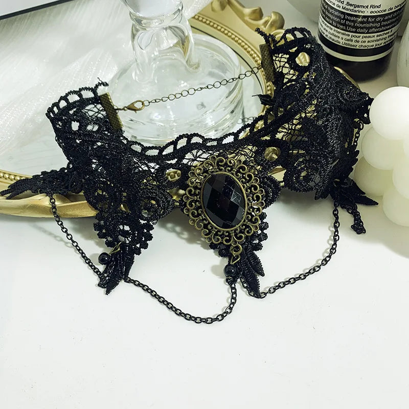 Vintage Gothic Black Beaded Flowers Sexy Lace Neck Choker Necklace