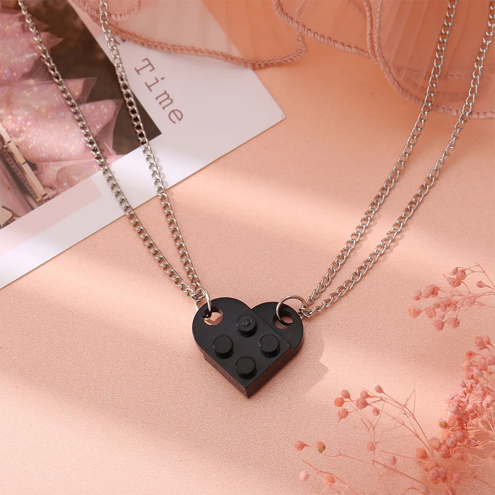 Vintage 2Pcs Heart Brick Couples Love Necklace