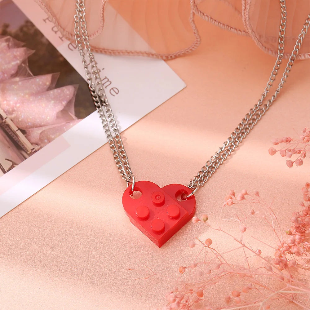 Vintage 2Pcs Heart Brick Couples Love Necklace