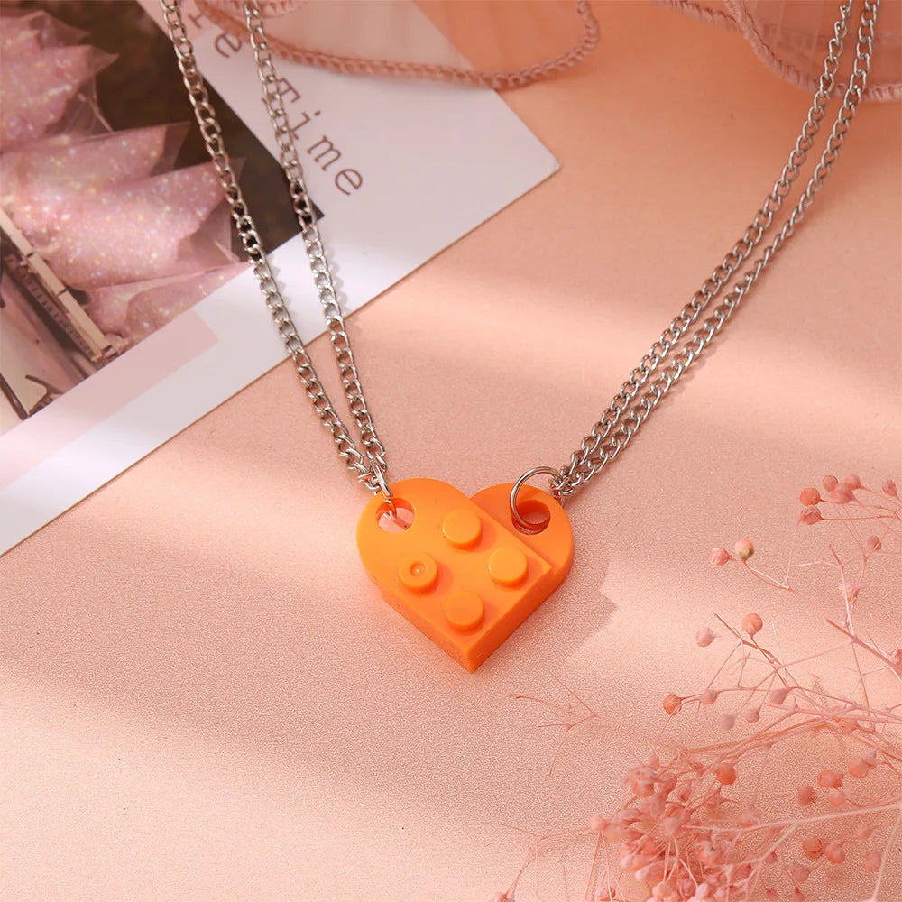 Vintage 2Pcs Heart Brick Couples Love Necklace