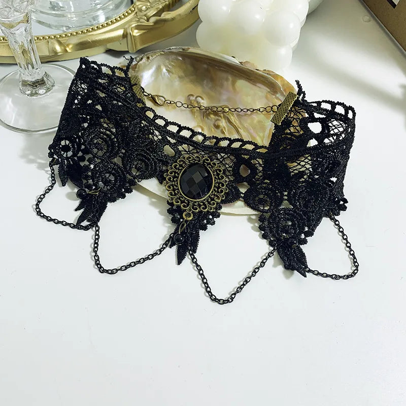 Vintage Gothic Black Beaded Flowers Sexy Lace Neck Choker Necklace