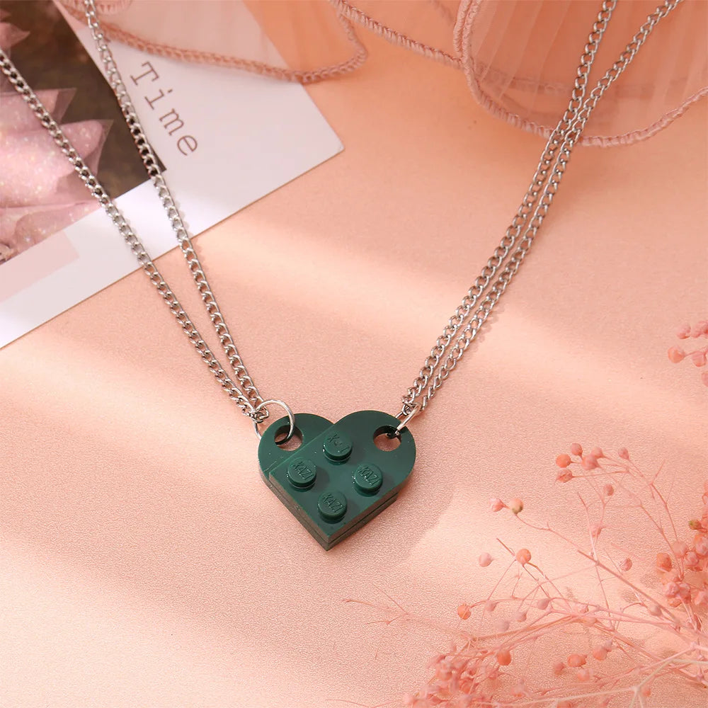 Vintage 2Pcs Heart Brick Couples Love Necklace