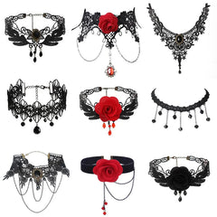 Vintage Gothic Black Beaded Flowers Sexy Lace Neck Choker Necklace