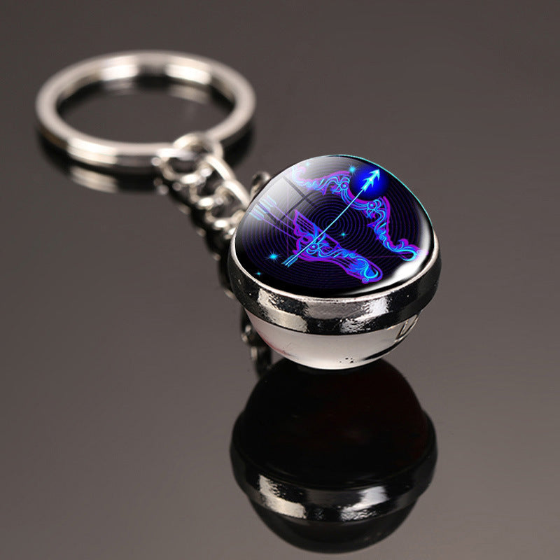 Vintage 12 Constellation Key Ring Time Stone Double-Sided Glass Ball Metal Keychain