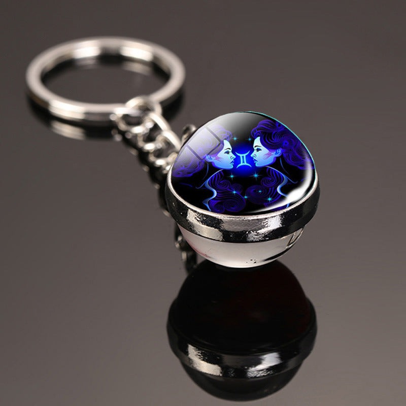 Vintage 12 Constellation Key Ring Time Stone Double-Sided Glass Ball Metal Keychain