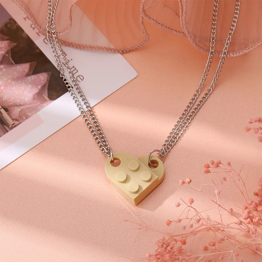 Vintage 2Pcs Heart Brick Couples Love Necklace