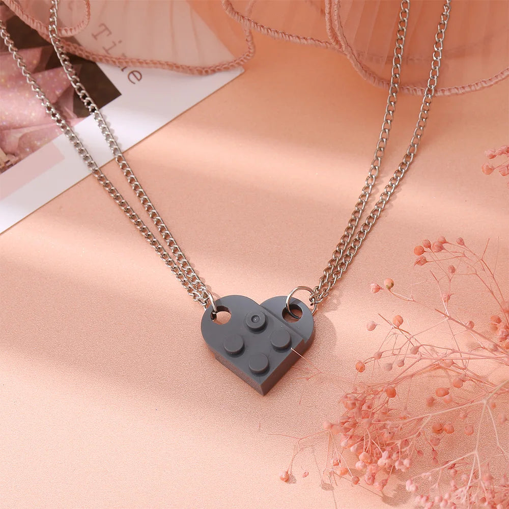 Vintage 2Pcs Heart Brick Couples Love Necklace