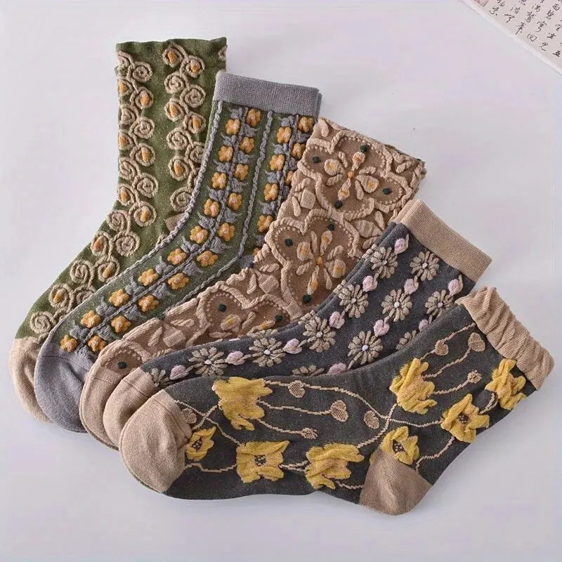 Vintage 5 Pairs 3D Floral Socks