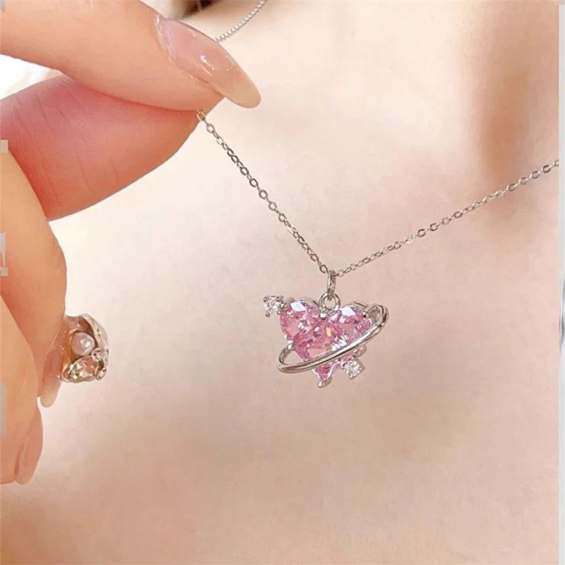 Y2K Pink Planet Heart Zircon Pendant Necklaces Women Fashion Aesthetic Clavicle Chain Necklace Valentines Day Gift Party Jewelry