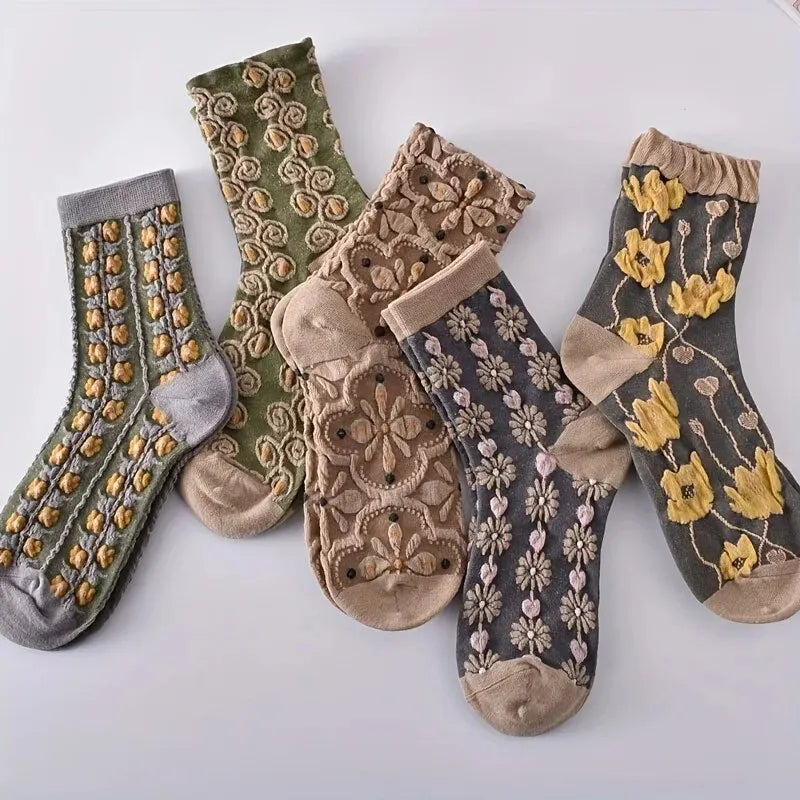 Vintage 5 Pairs 3D Floral Socks