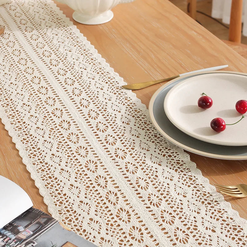 Vintage Beige Crochet Lace Table Runner