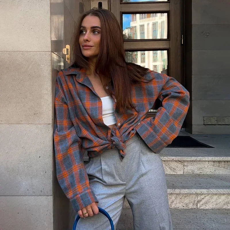 Vintage Oversized Plaid Shirt Women