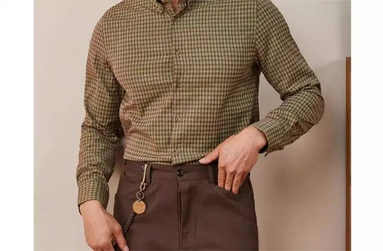 Vintage Men Shirts Autumn New Lape Grid Pattern