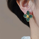 Vintage Hibiscus Dropped Glaze Flower Stud Earrings