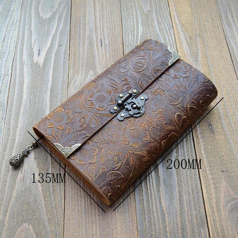 Vintage Embossed Pattern Soft Leather Travel Notebook with Lock and Key