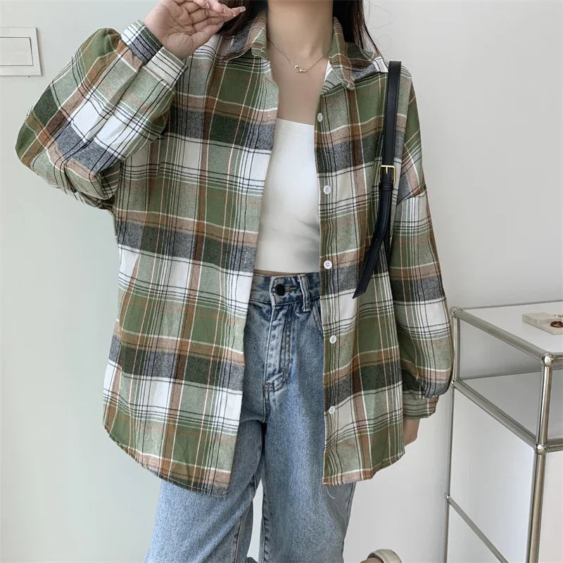 Vintage Preppy Style Loose Check Shirts