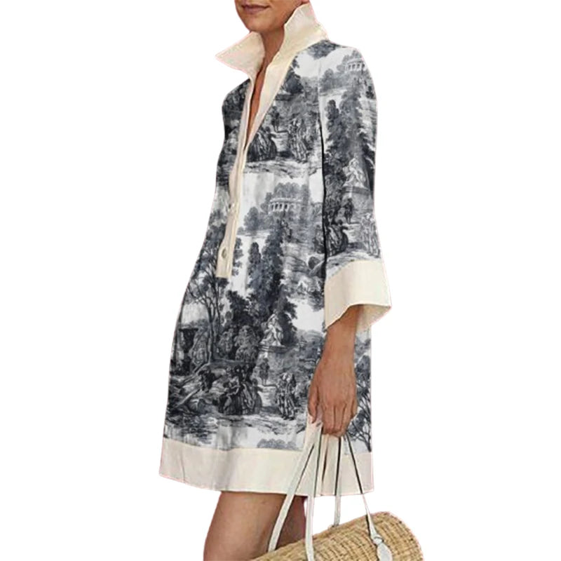 Vintage Elegant Printed Long Sleeves Loose Lapel Mini Dress