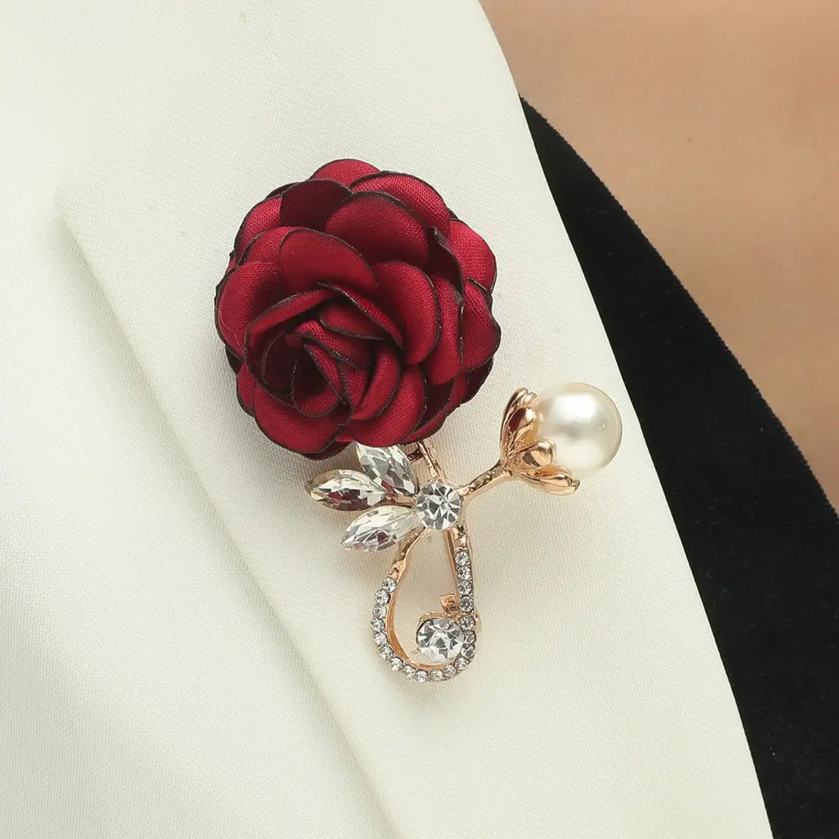 Vintage Red Rose Cloth Flowers Imitation Pearl Crystal Brooch