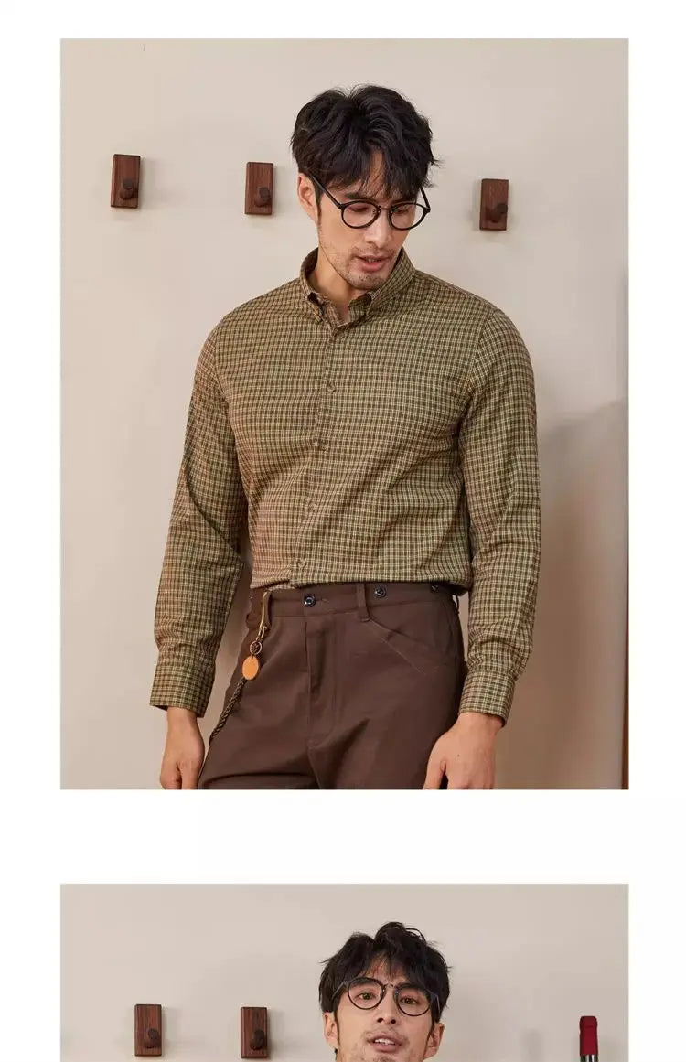 Vintage Men Shirts Autumn New Lape Grid Pattern