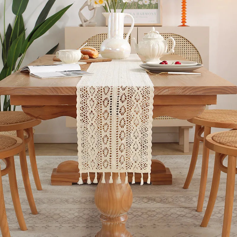 Vintage Beige Crochet Lace Table Runner