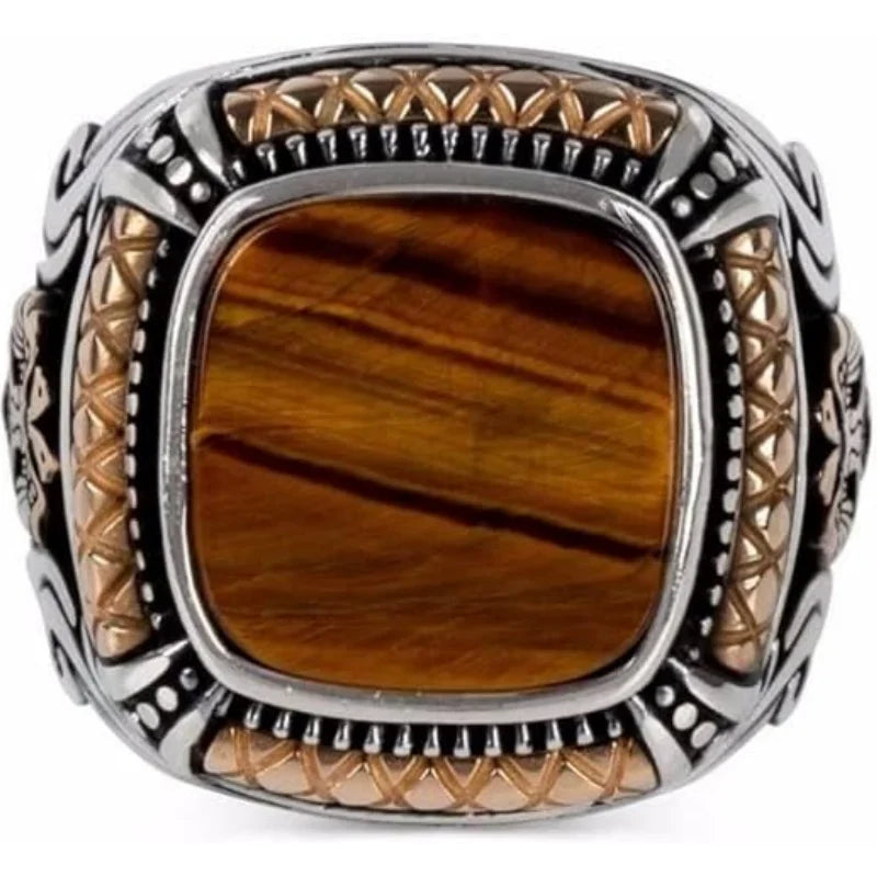 Vintage Handmade Turkish Brown Wood Grain Zircon Rings