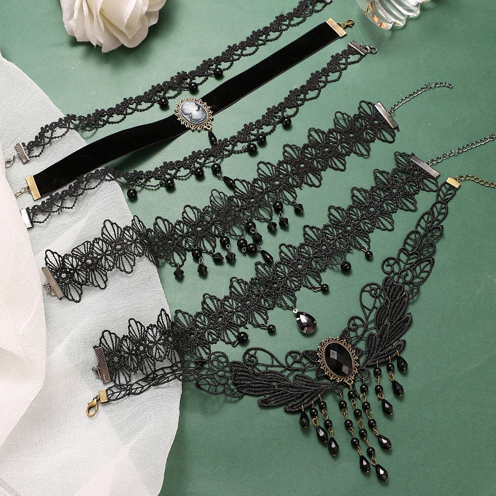 Vintage Gothic Black Beaded Flowers Sexy Lace Neck Choker Necklace