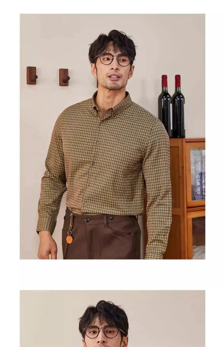 Vintage Men Shirts Autumn New Lape Grid Pattern