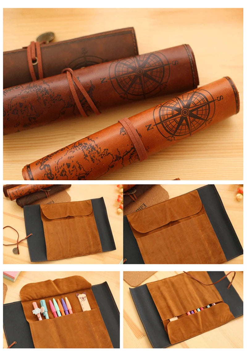 Vintage Leather Treasure Map Pencil Bag