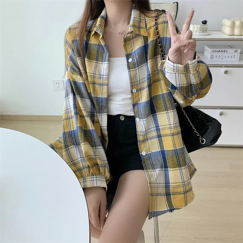 Vintage Preppy Style Loose Check Shirts