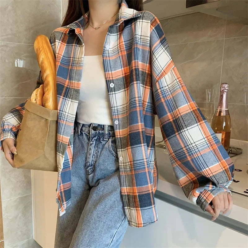 Vintage Preppy Style Loose Check Shirts