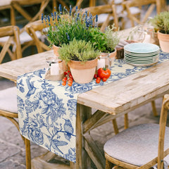 Blue White Linen Retro Monochrome Sketch Bird Flower Table Runner