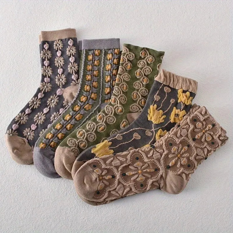 Vintage 5 Pairs 3D Floral Socks