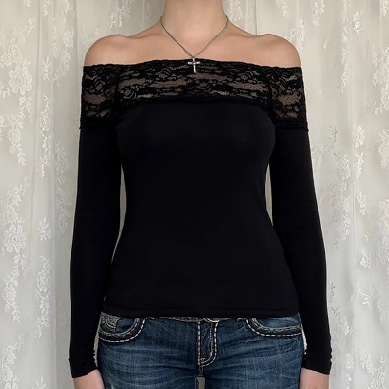 Vintage Black Lace Slash Neck Crop Top