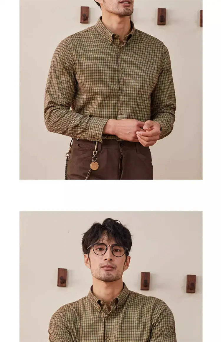 Vintage Men Shirts Autumn New Lape Grid Pattern