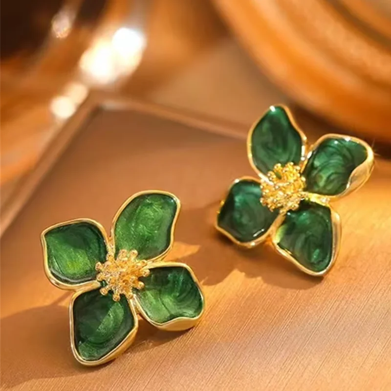 Vintage Hibiscus Dropped Glaze Flower Stud Earrings