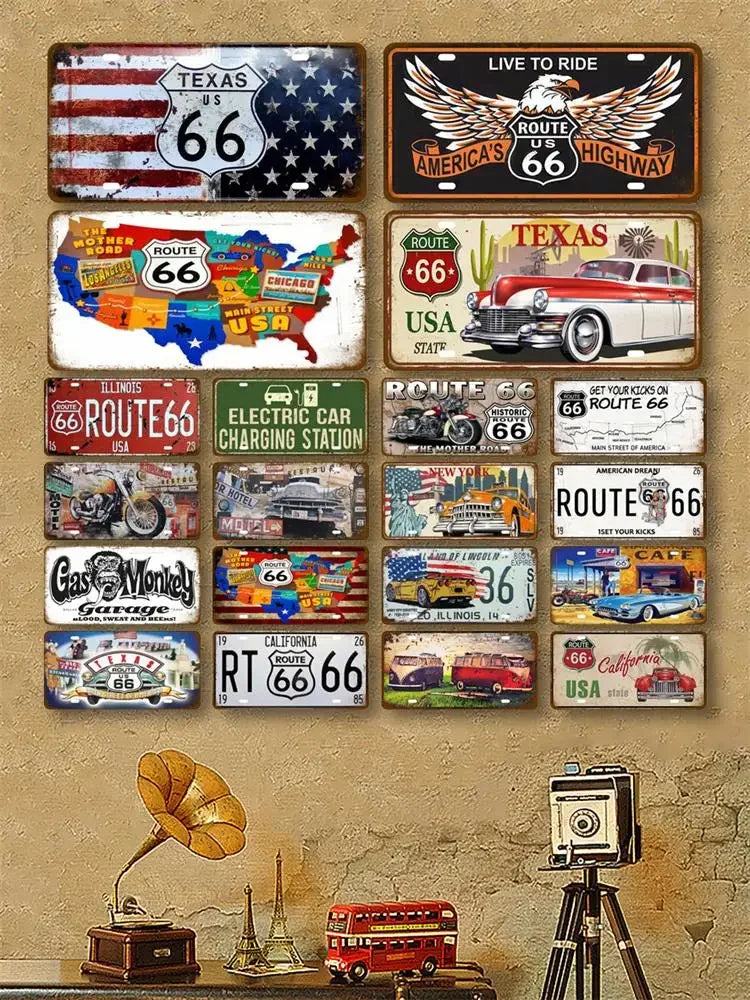 Vintage Route 66 Tinplates Plate Garage Car Retro Metal Sign Posters