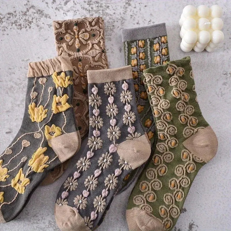 Vintage 5 Pairs 3D Floral Socks