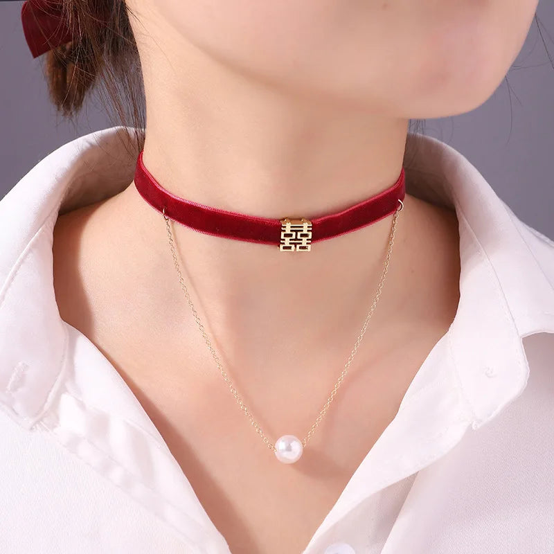 Vintage Velvet Pearl Choker Necklace Gothic