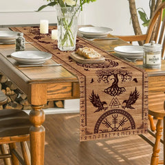 Vintage Viking Raven Helmet of Awe Linen Table Runner