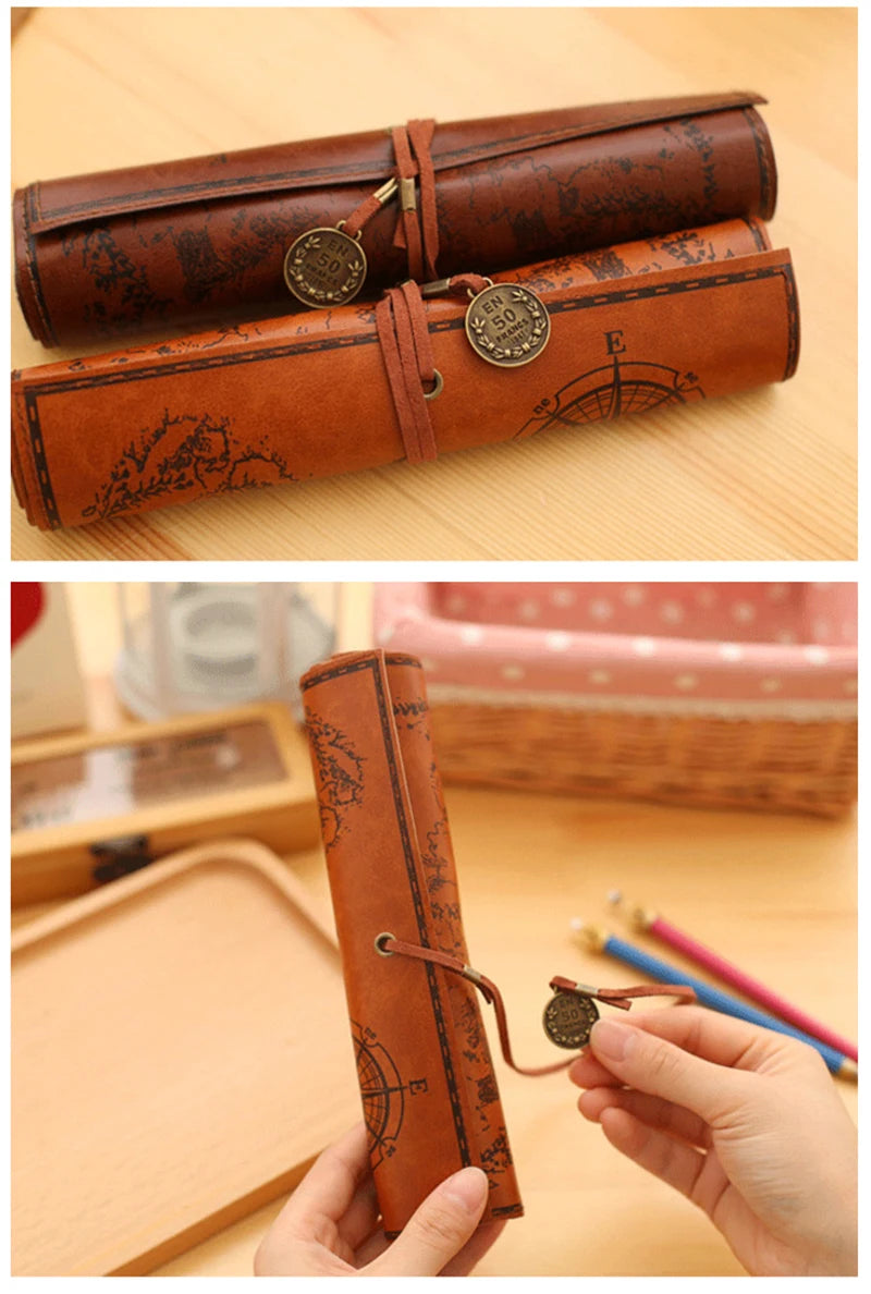 Vintage Leather Treasure Map Pencil Bag